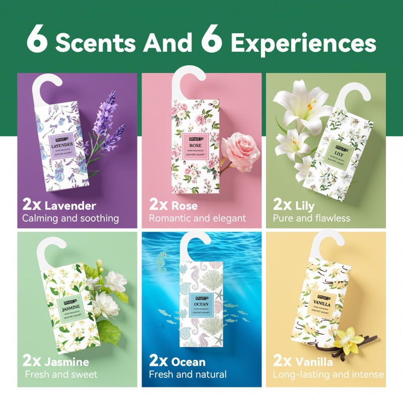 MYARO 12 Packs Large Sachets for Drawer & Closet Air Freshener Scent Potpourri Bag Long Lasting Deodorizer 6 Scents - Lavender, Rose, Jasmine, Ocean, Vanilla, Lily - Image 4